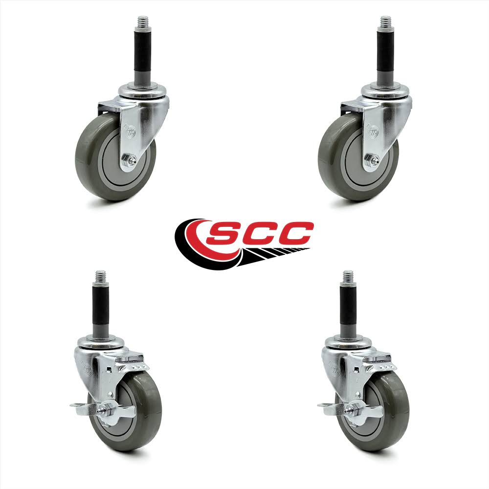 4 x 1.25 inch Gray Polyurethane Caster Set of 4 with Brake and Expanding Stem U6351