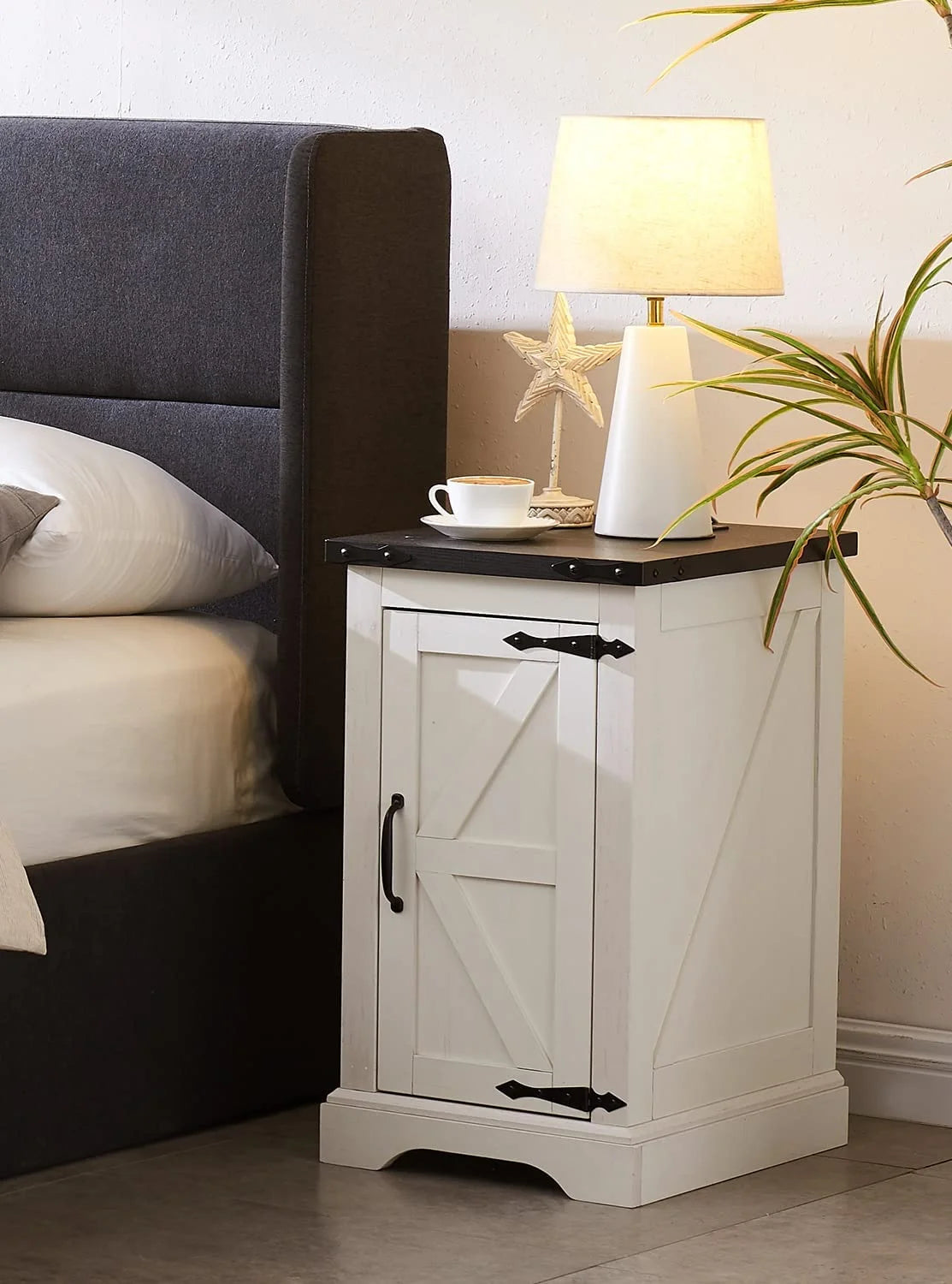 White Farmhouse Wood Nightstand with Charging Station Q95591