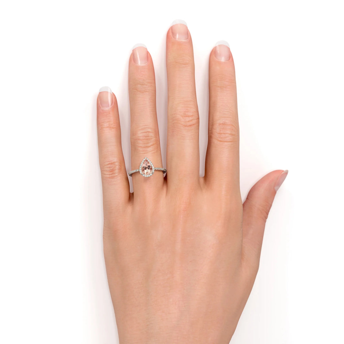 1 Carat Pear Cut Morganite Moissanite Halo Engagement Ring in Rose Gold X529888