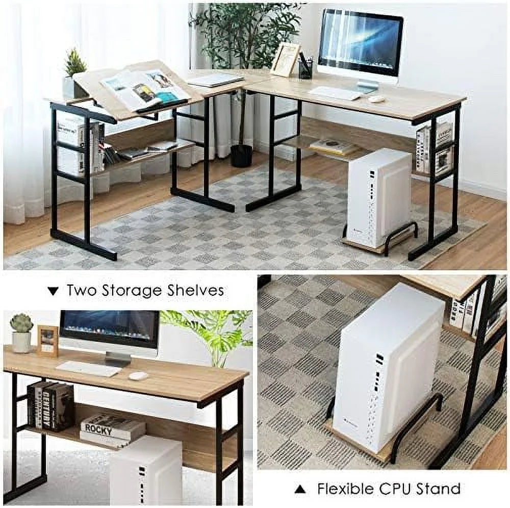 67 inches L-Shaped Corner Computer Desk with Bookshelves Q7893