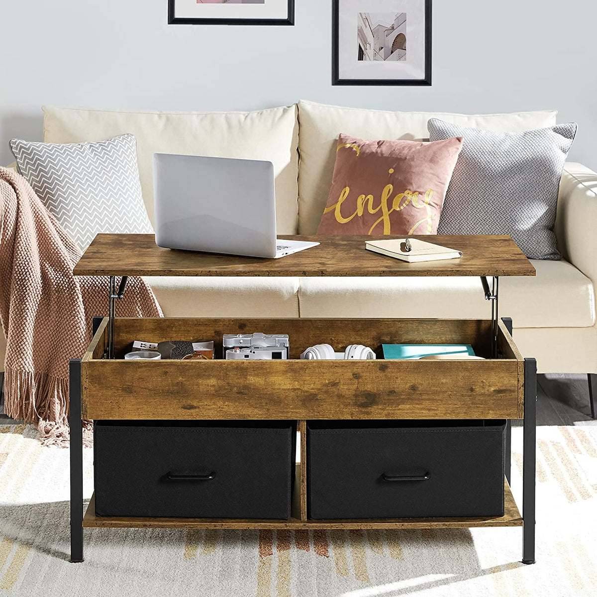 Lift Top Coffee Table with Hidden Storage and 2 Fabric Baskets Y174247