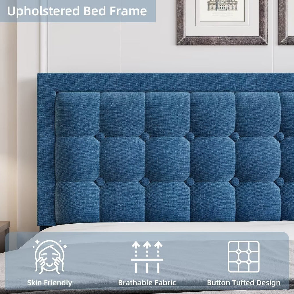 Full Size Blue Upholstered Platform Bed with Tufted Headboard C698