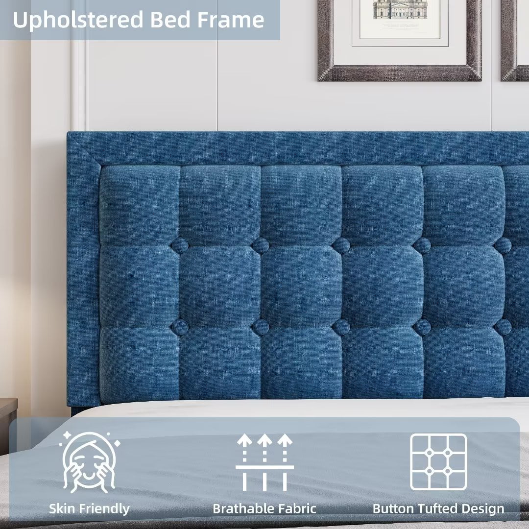 Full Size Blue Upholstered Platform Bed with Tufted Headboard C698