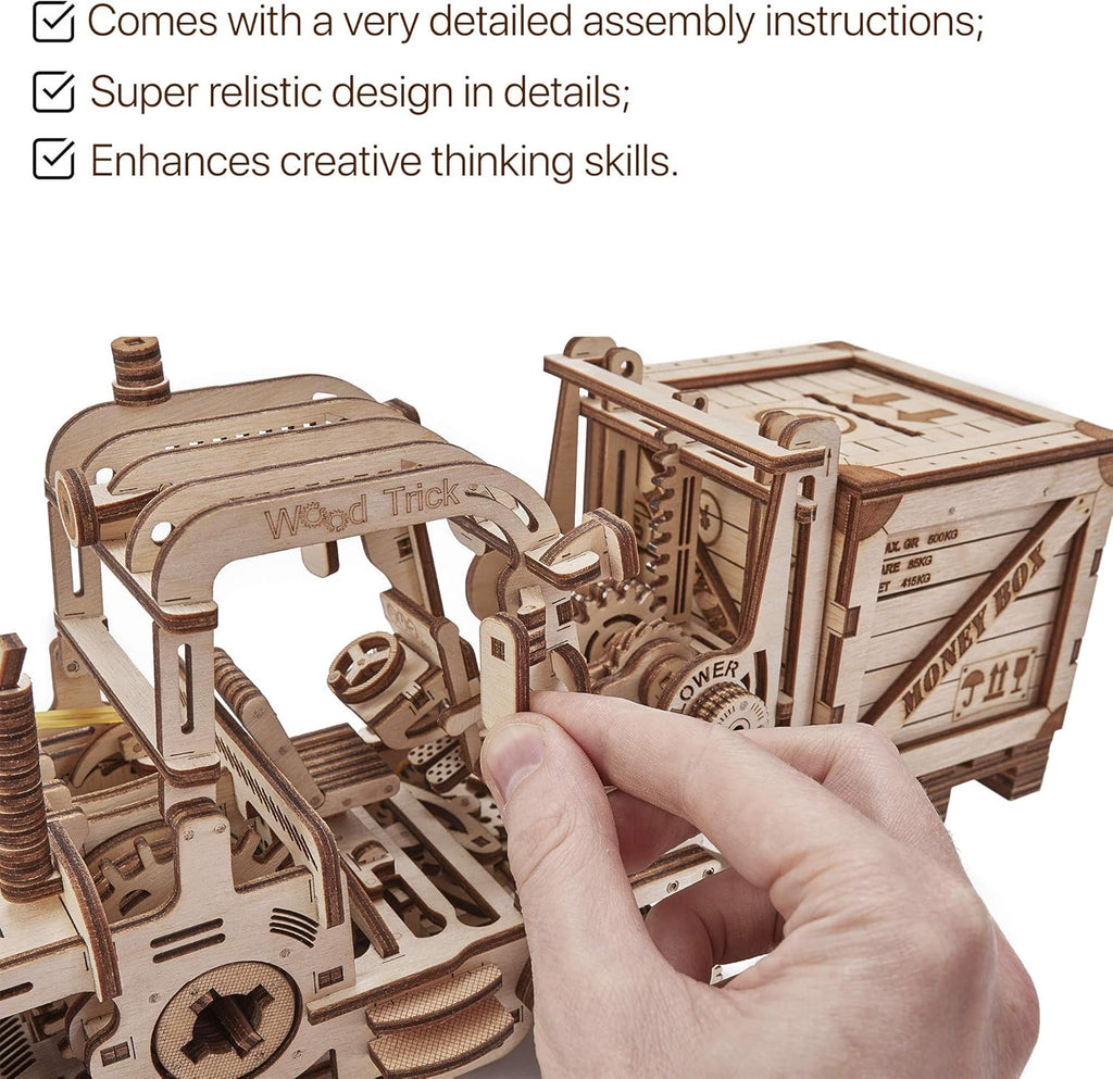3D Wooden Puzzle Forklift Truck Model Kit with Pallet and Money Box B737444