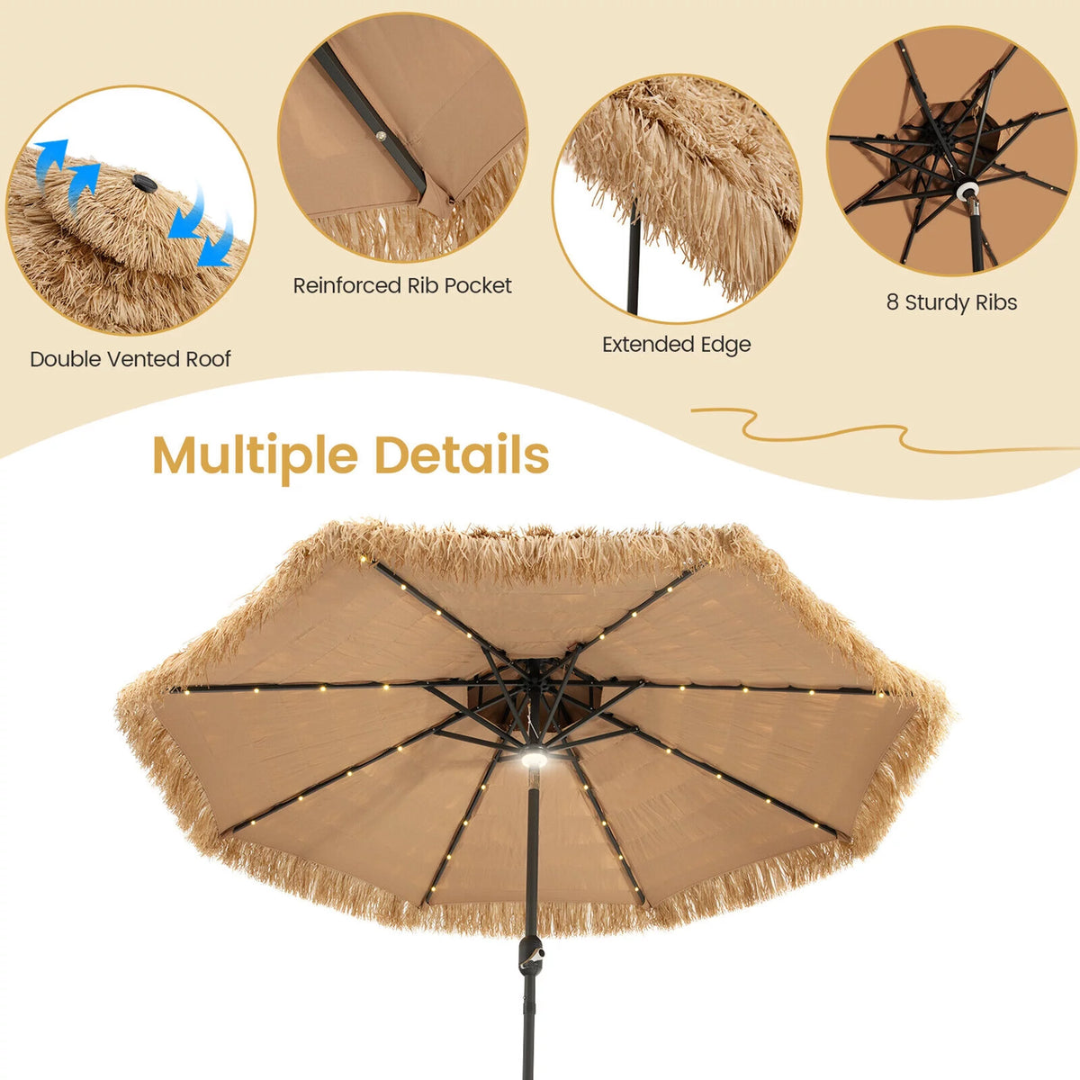 9 ft Solar Powered 2 Tier Tiki Patio Umbrella L3747