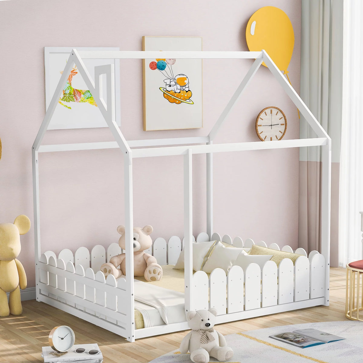 White Full Size Wood Bed Frame with Fence R280414