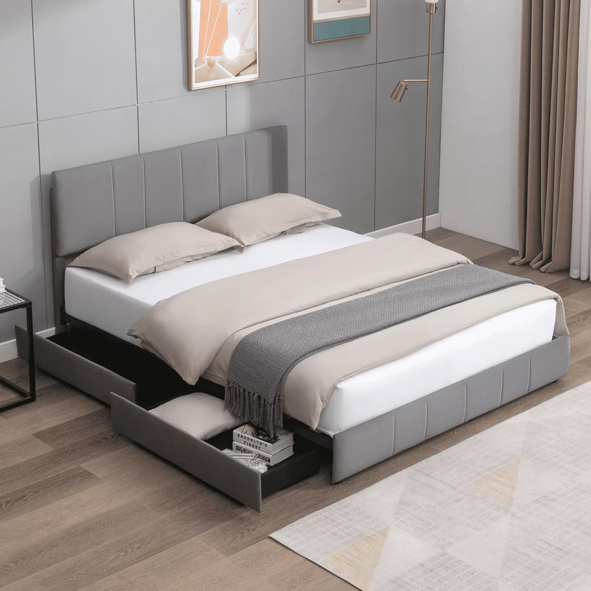King Size Platform Bed Frame with 4 Storage Drawers and Adjustable Headboard X396