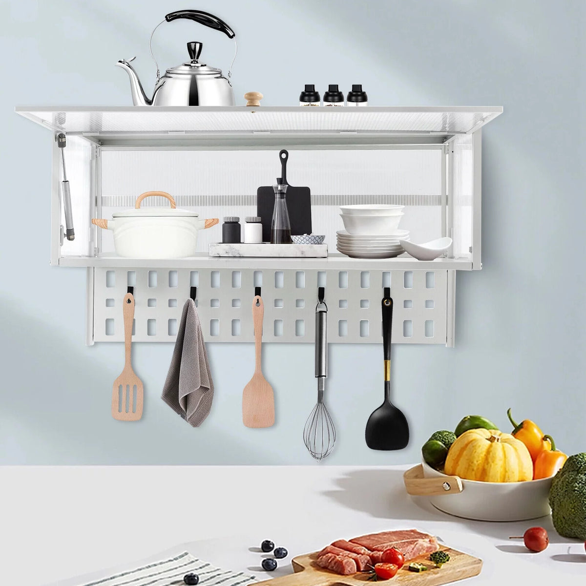 White Wall Mounted Cabinet with 5 Hooks D95253