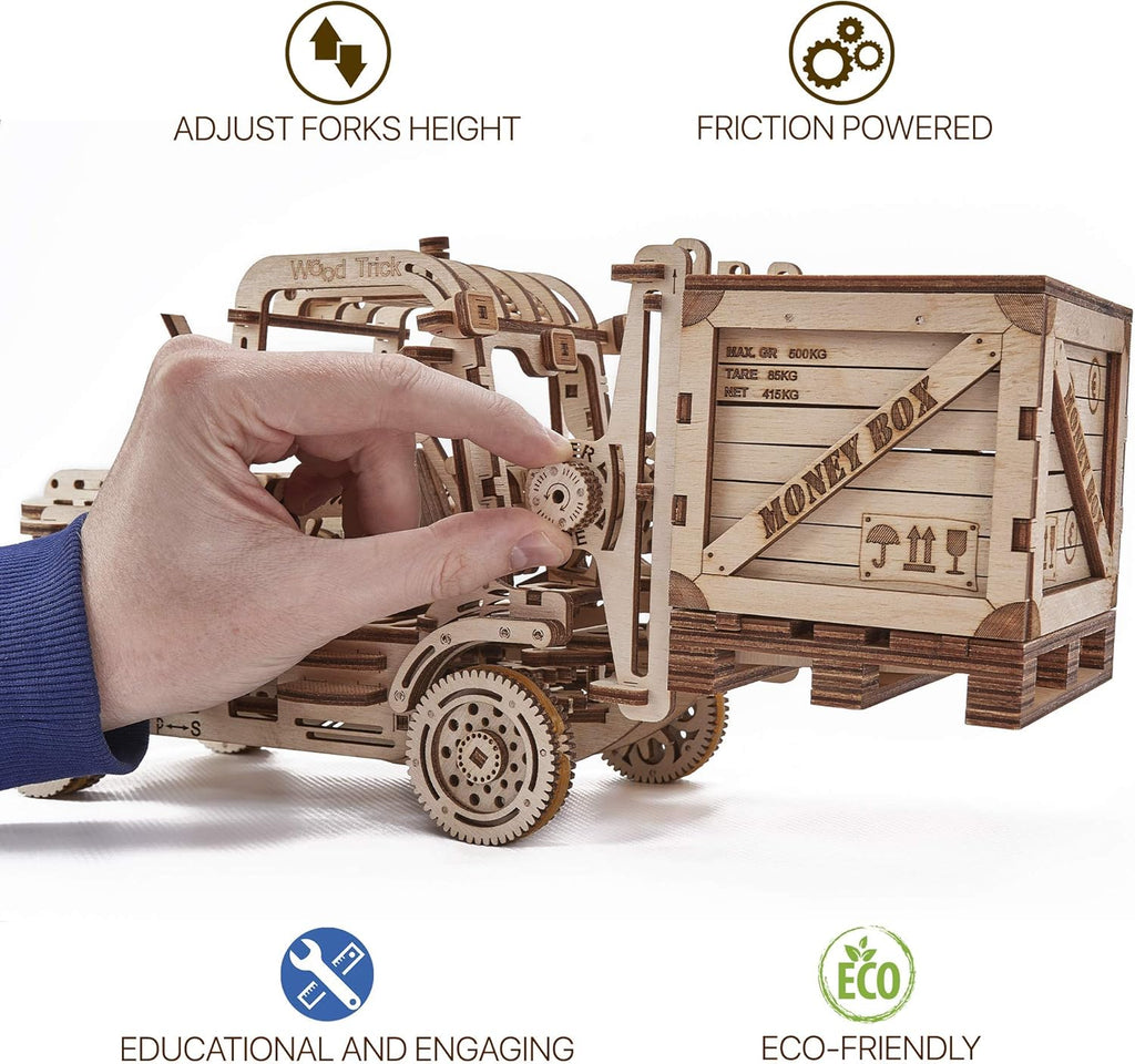 3D Wooden Puzzle Forklift Truck Model Kit with Pallet and Money Box B737444