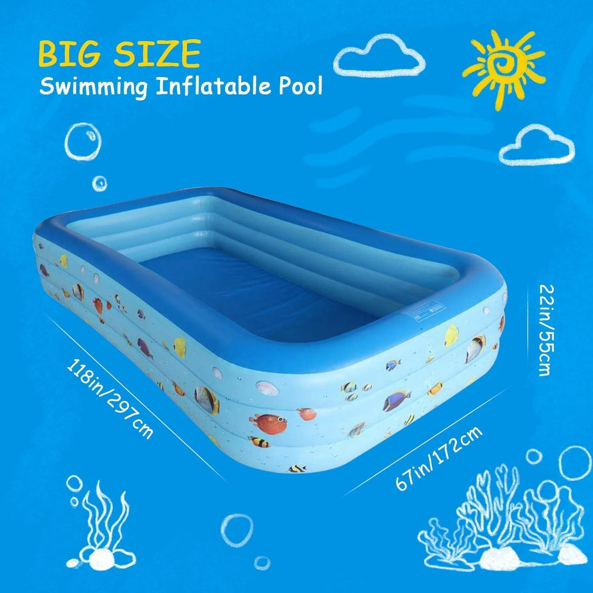 Inflatable Pool, Thickened Kiddie Pool, BPA-Free, 6.9 x 5 x 1.8 ft, Blue M7172