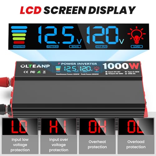 1000 Watt 12V DC to 110V/120V AC Power Inverter with LCD Display V36695
