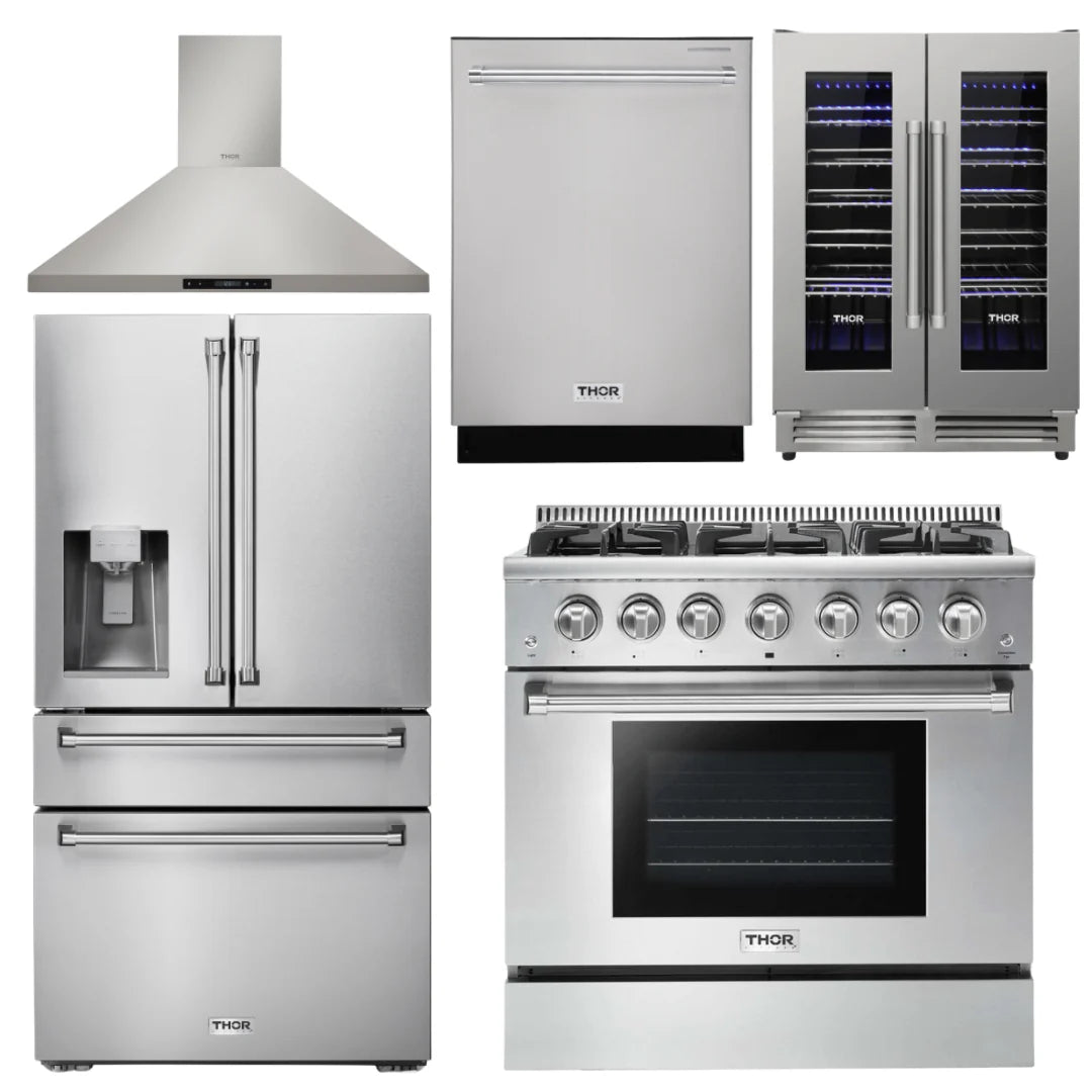 36 Propane Gas Range, Range Hood, Refrigerator, Dishwasher, Wine Cooler Q973