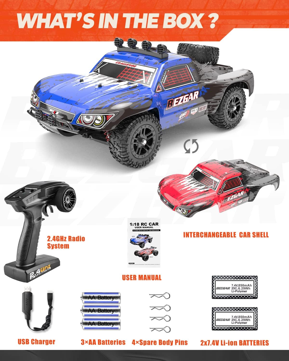 Remote Control Trucks 4WD 35 Km/h Waterproof RC Car with 2 Rechargeable Batteries F7045