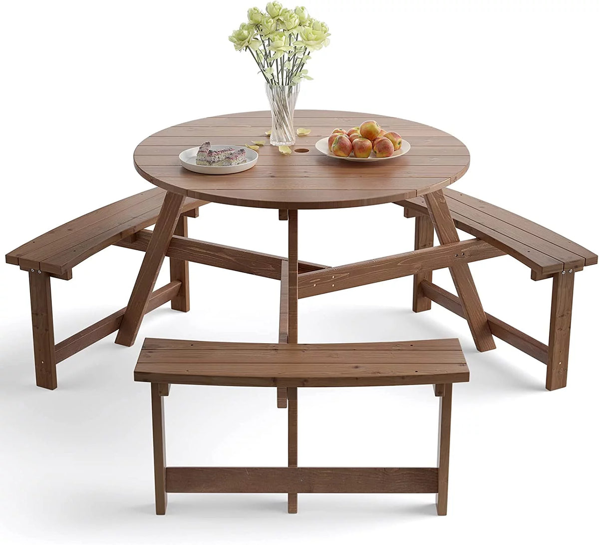 6 People Wooden Picnic Table Bench Set with Umbrella Hole U3551