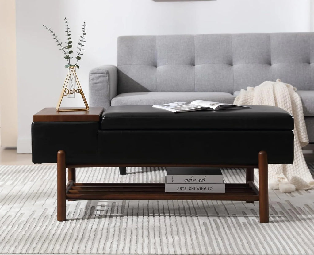 Black Leather Storage Bench with Shoe Rack X958