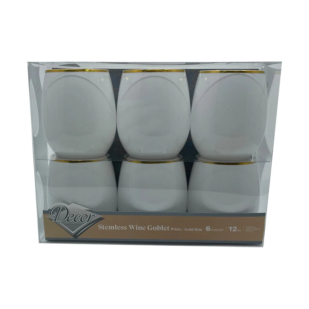 Stemless Plastic Wine Goblet 12 oz White Gold Rim Pack of 6 E6309