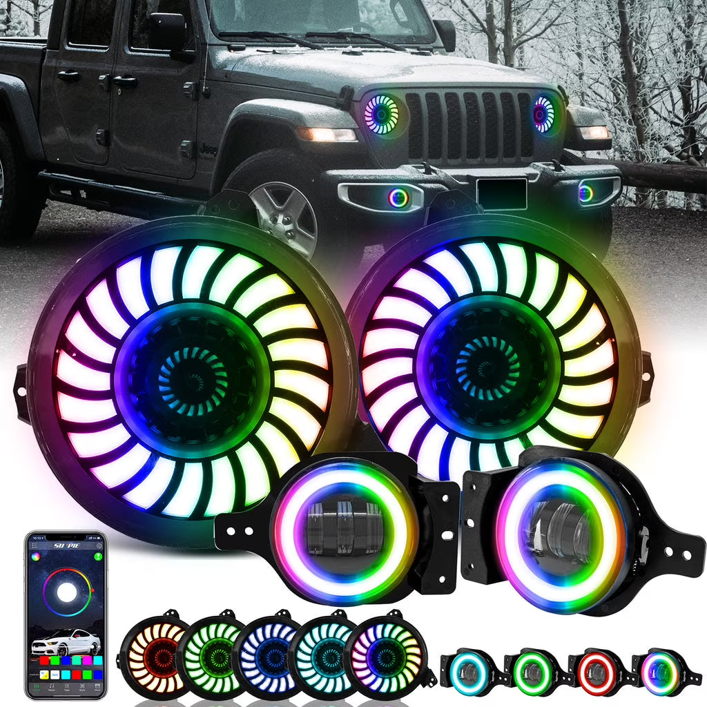 RGB 9" 3D LED Lens Halo Headlights & 4" Fog Lights Combo Kits X75564