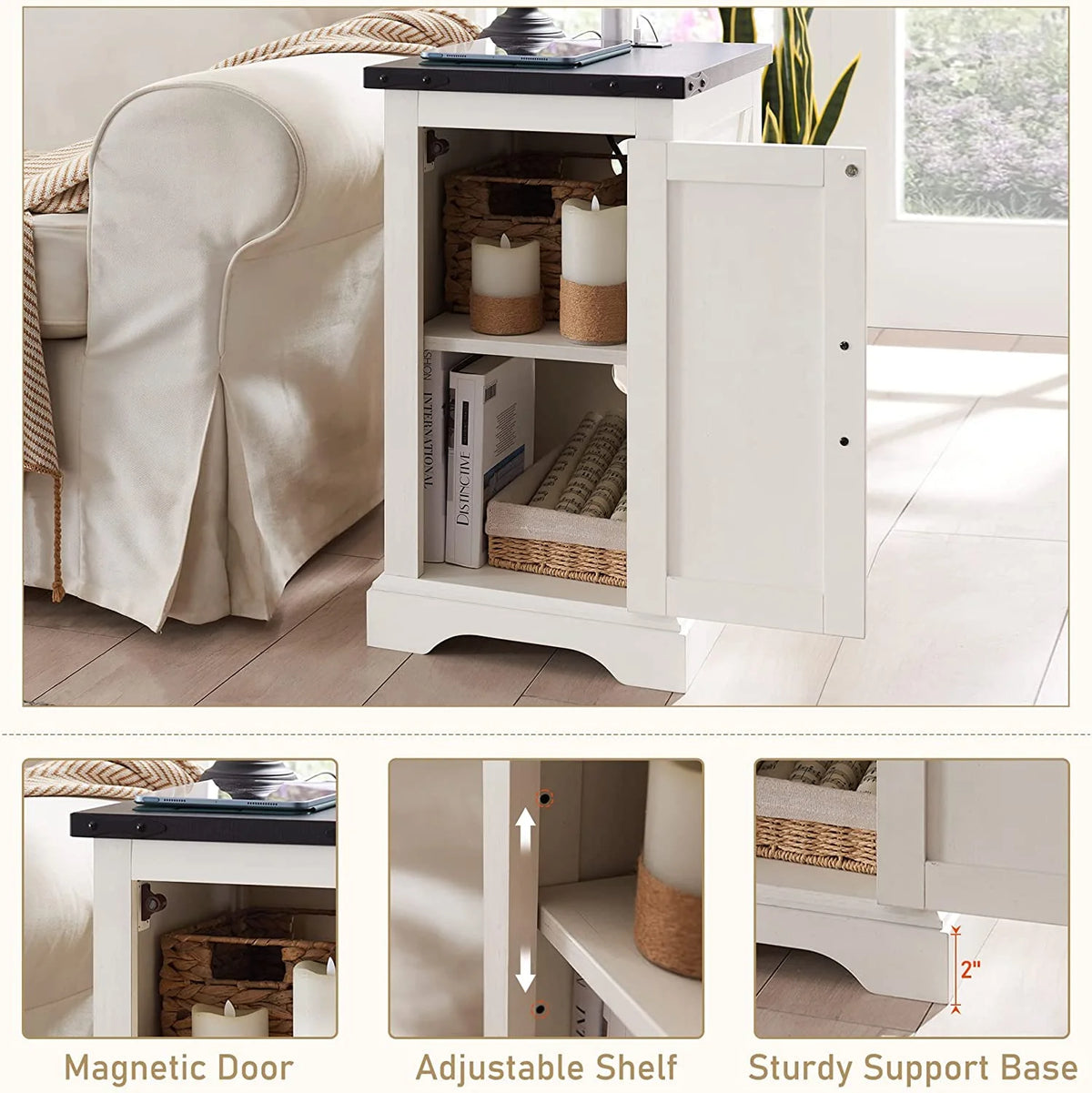 White Farmhouse Wood Nightstand with Charging Station Q95591