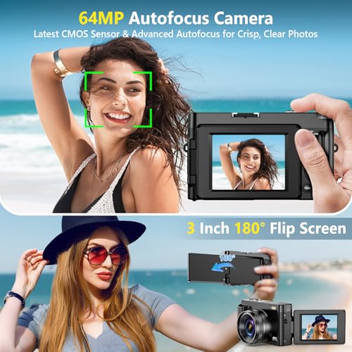 4K 64MP Compact Digital Camera with 32GB Card, 2 Batteries, Black Y7633