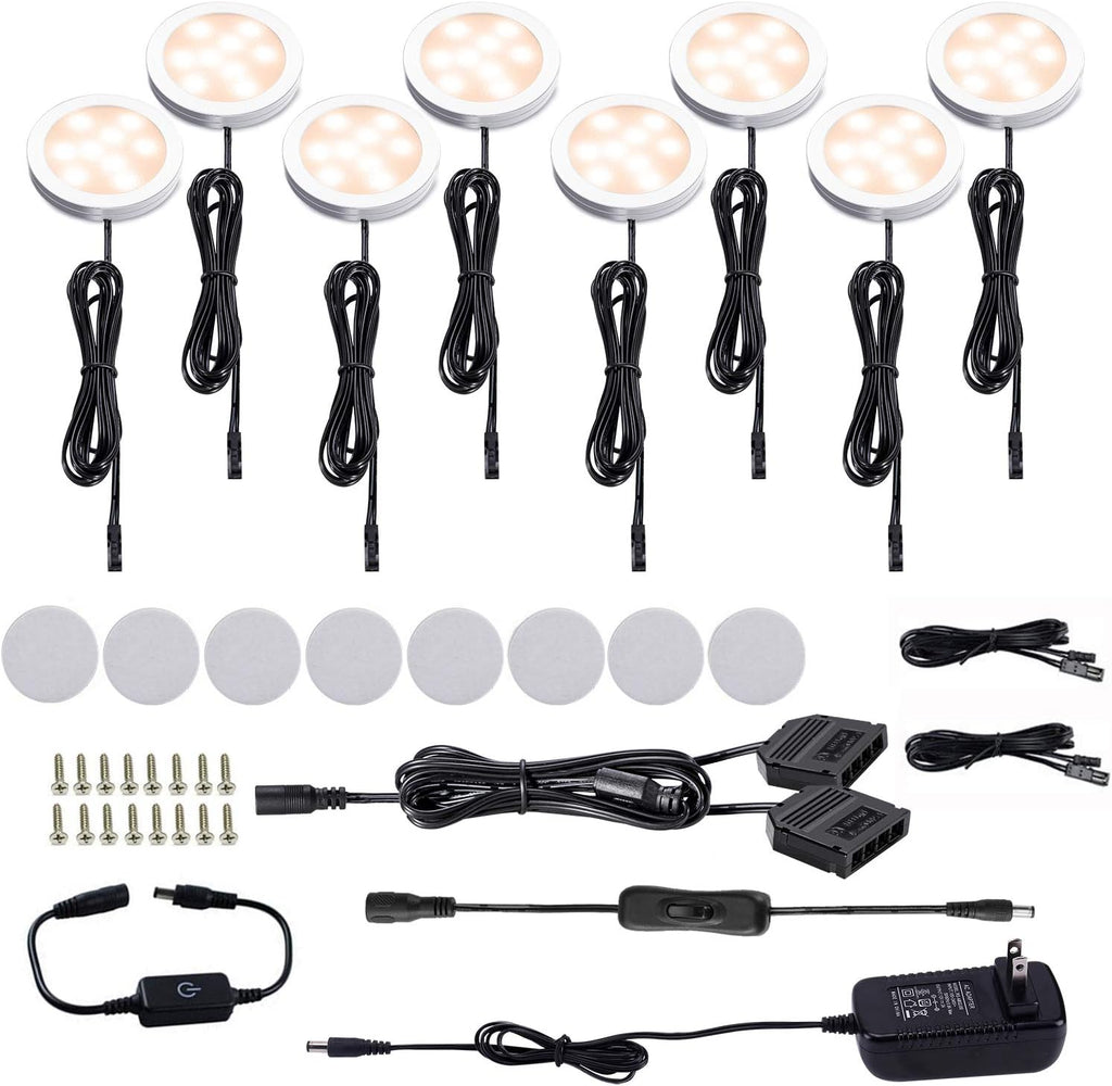 LED Under Cabinet Puck Lights Kit with Touch Dimming Switch, 8 Lights, Warm White, Pack of 2 B186