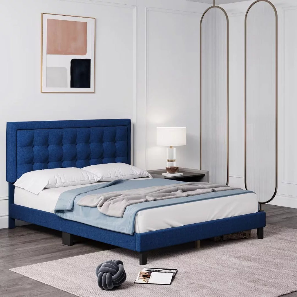 Full Size Blue Upholstered Platform Bed with Tufted Headboard C698