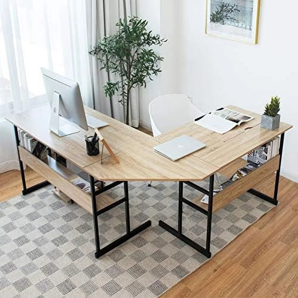 67 inches L-Shaped Corner Computer Desk with Bookshelves Q7893